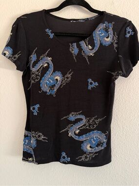 Dragon Print T Shirt Black Blue Asian Y2K